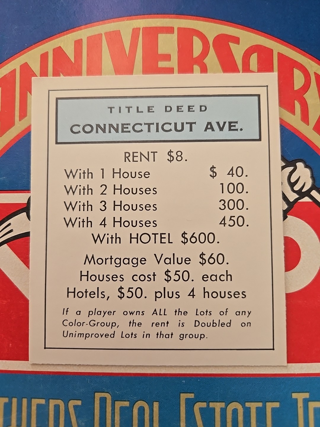 1985 Vintage Monopoly Connecticut Ave Light Blue Title Deed Card Game Piece Part