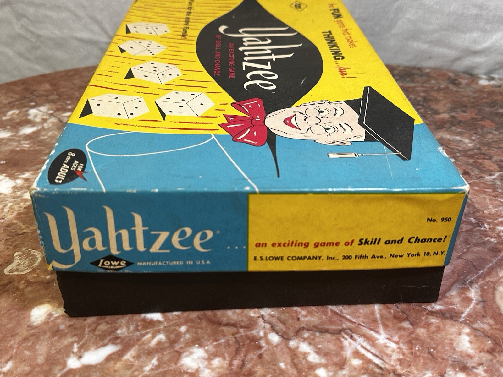 Vintage Yahtzee Game E.S. Lowe Co. 1956 1972 Complete Dice Cup Chips Score Cards