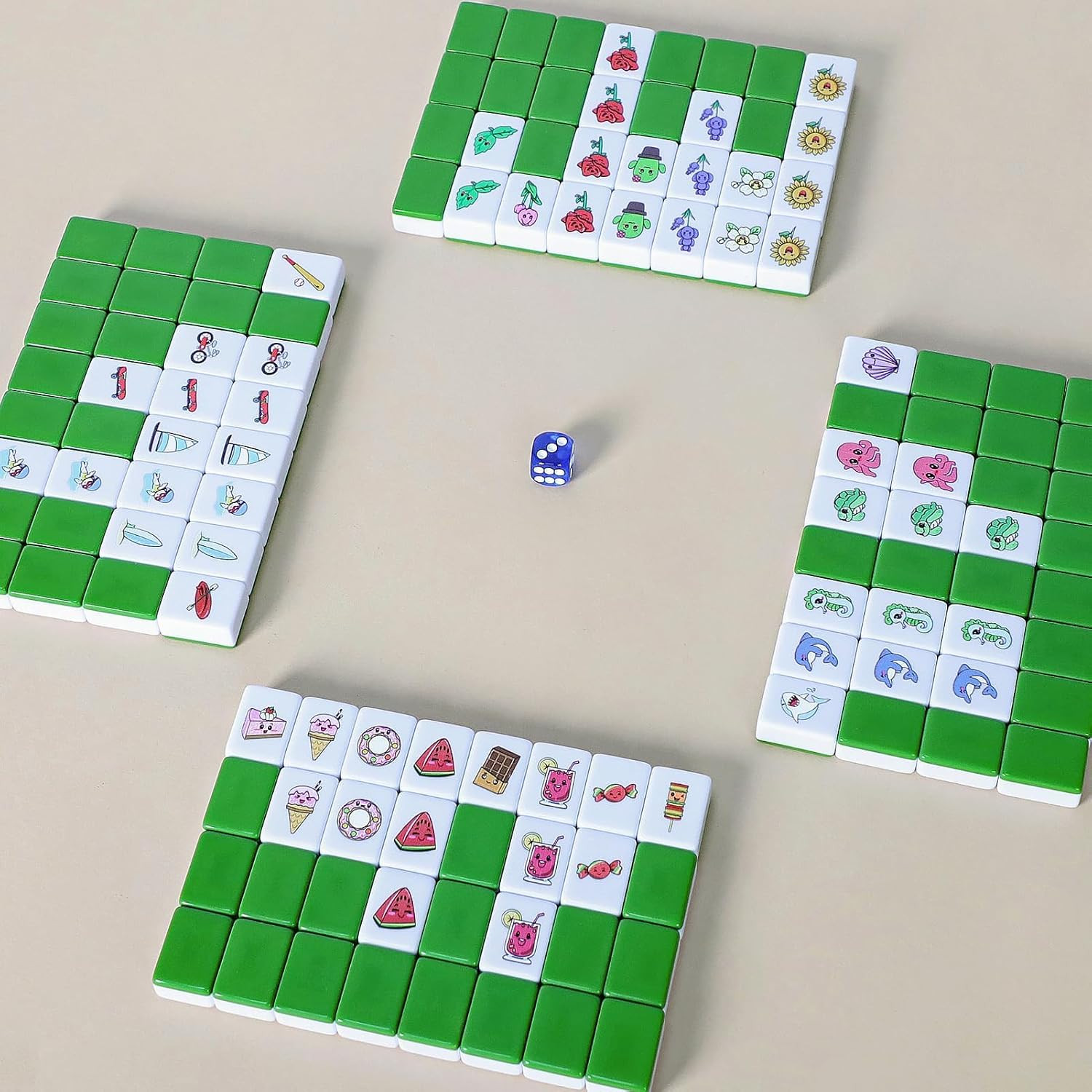 4 Players Mahjong Block Set, 128 Green Tiles(1.18”) with 4 Different Patterns, P