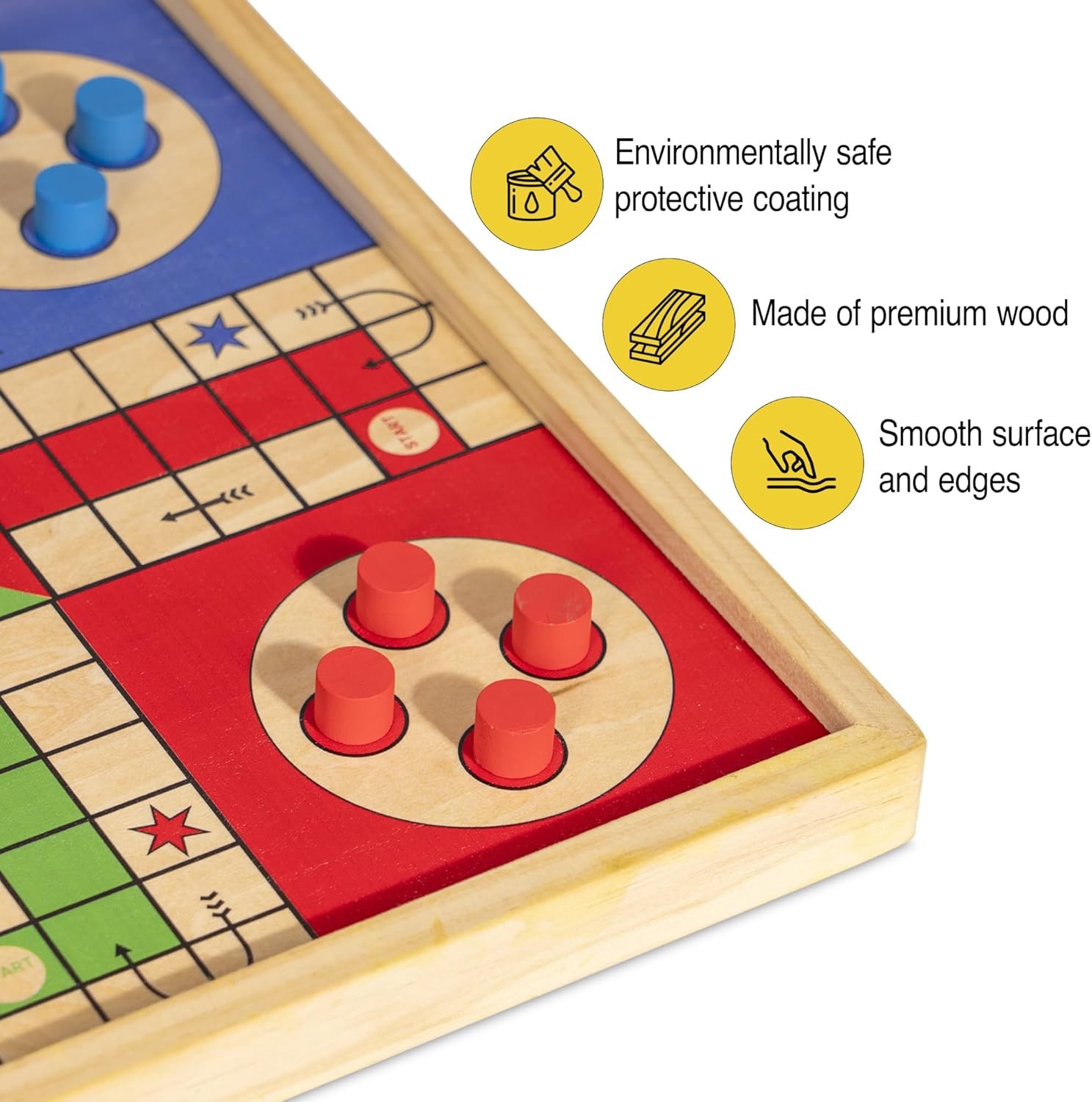 12 Inch Wooden Ludo Board Game & Snakes and Ladders 2-In-1 Reversible Classic Bo