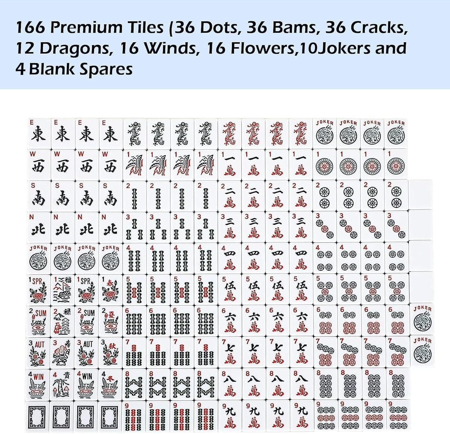 American Mahjong Set with 166 Tiles, Racks, Pusher, Bag, Accessories, and Manual