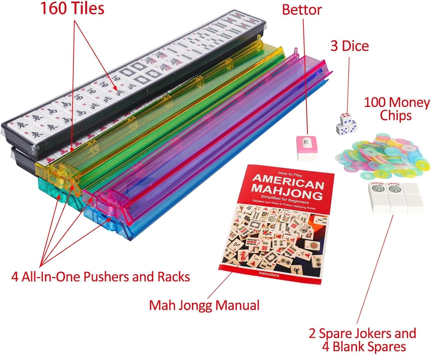 American Mahjong Set, Mahjong Game Set, 166 Tiles with Blue and Red Bag, 4 All-i
