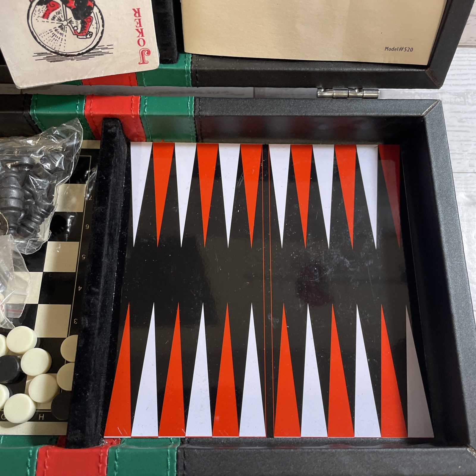 Excalibur 6 in 1 Game Black Portable Travel Case Chess Domino Cards Checkers VTG