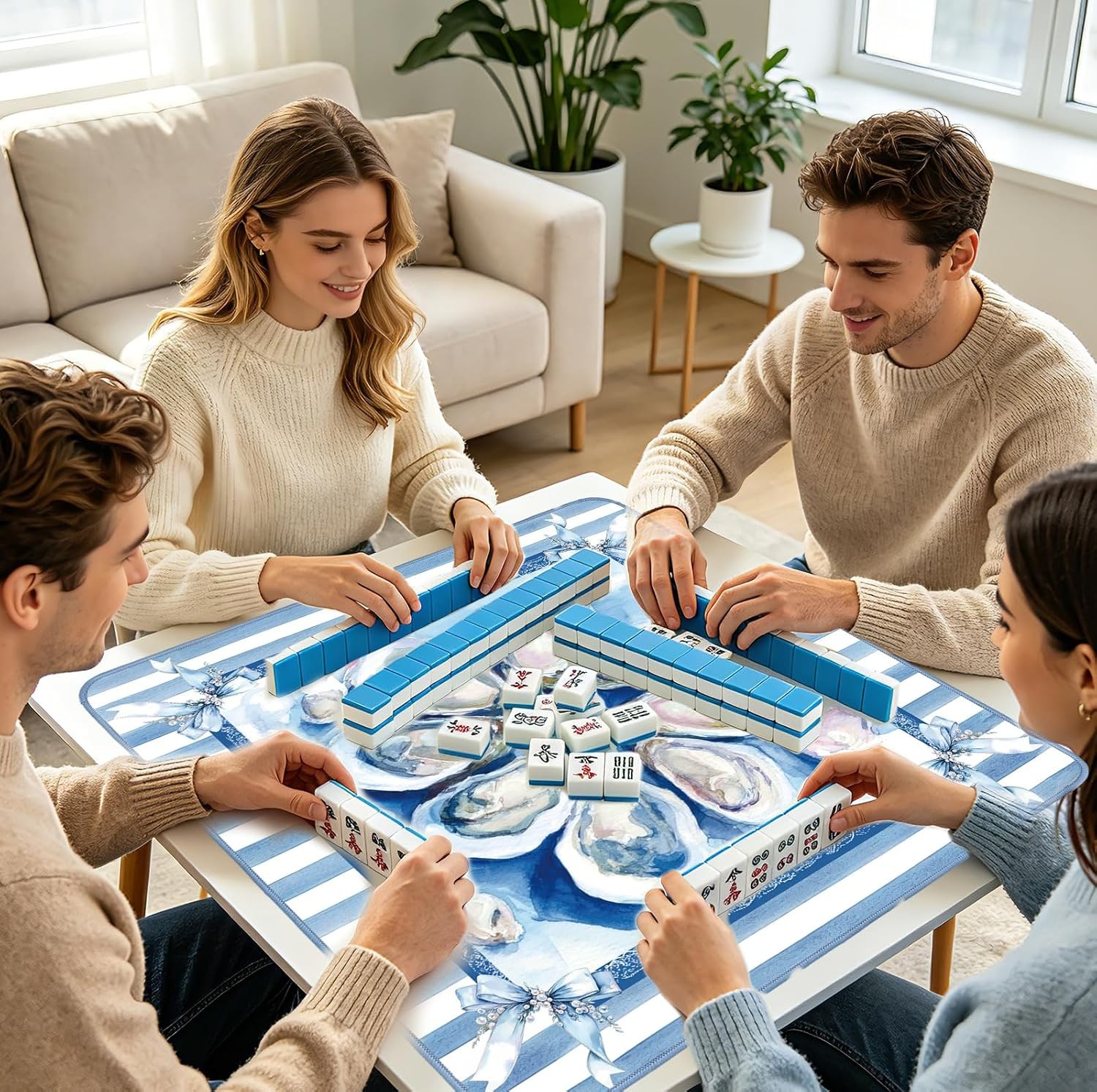 31.5″ Oyster Mahjong Mat Summer Bow Stripe Tab Tablecloth Game Mat 31.5 Inches