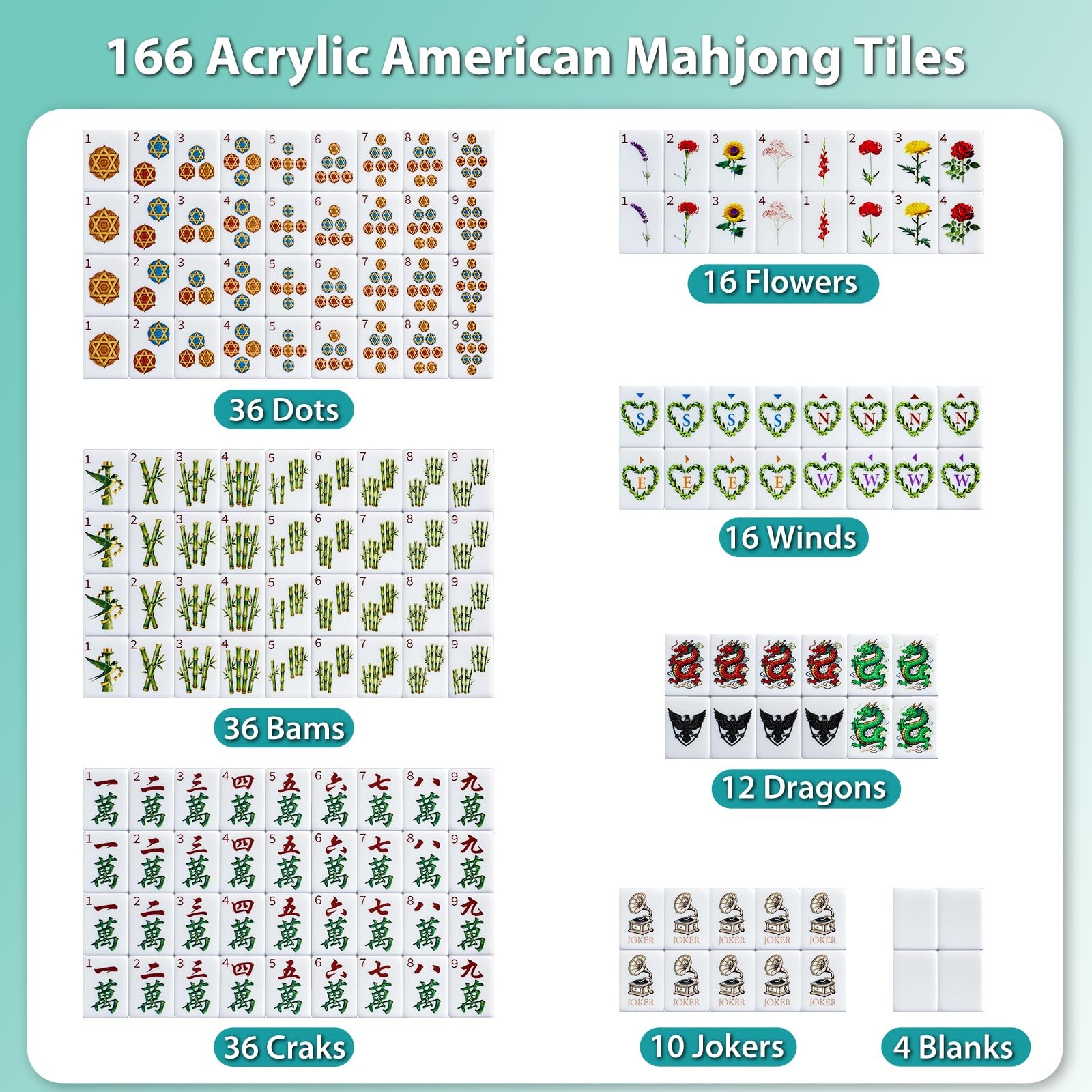 Color Al chemist American Mahjong Tile Set, 166 Vintage-Inspired Acrylic