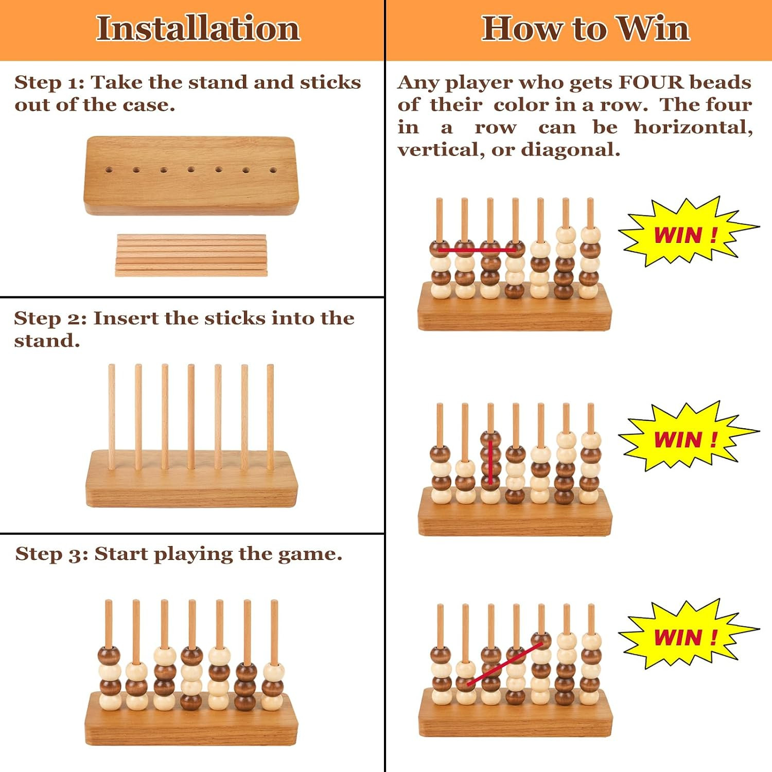 4 in a Row Game Wooden – 4 Connect in a Row Classic Strategy Game for Adults