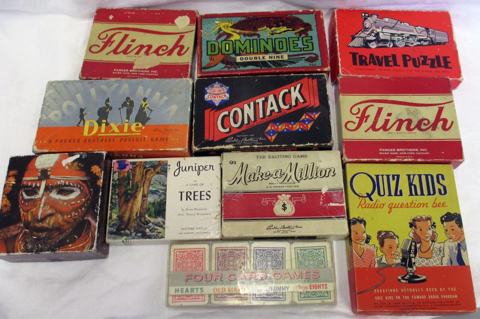VTG 11 OLD GAMES, POLLYANA, FLINCH, CONTACT, MAKE A MILLON, QUIZ KIDS, DOMINOES