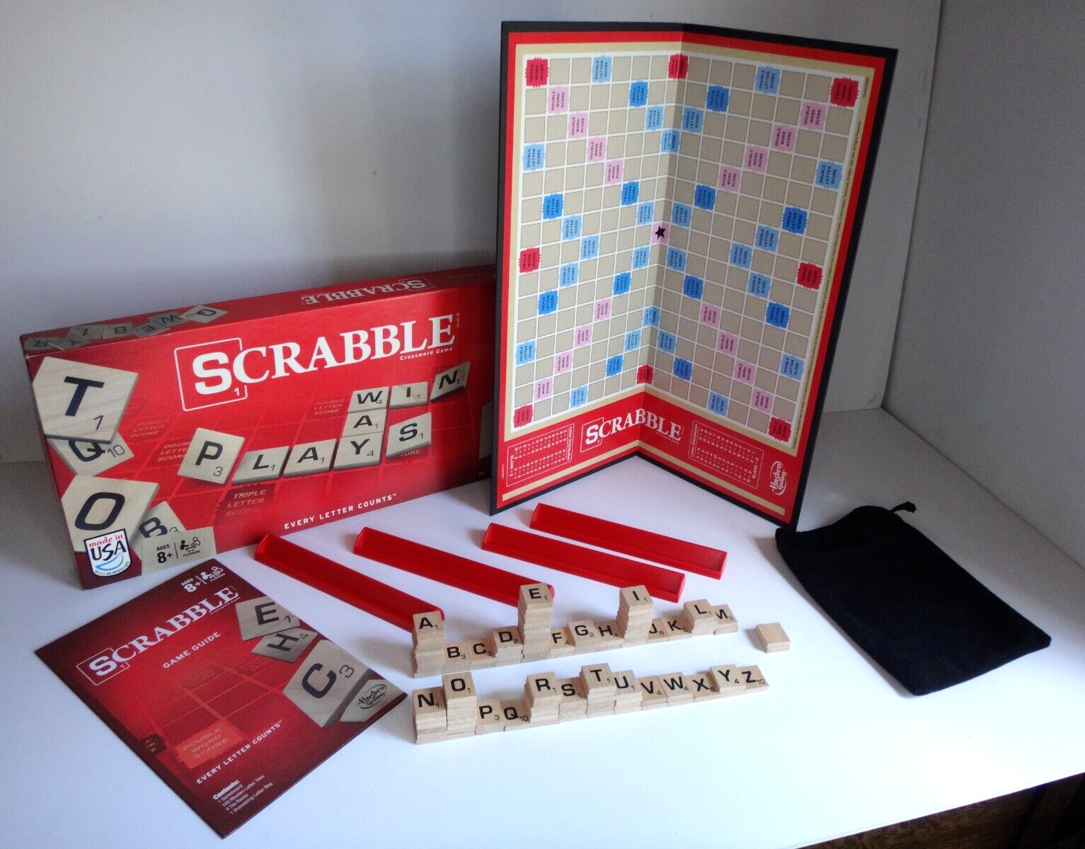 Hasbro SCRABBLE Crossword Game 2013 Version Opened COMPLETE Wood Tiles Racks Bag