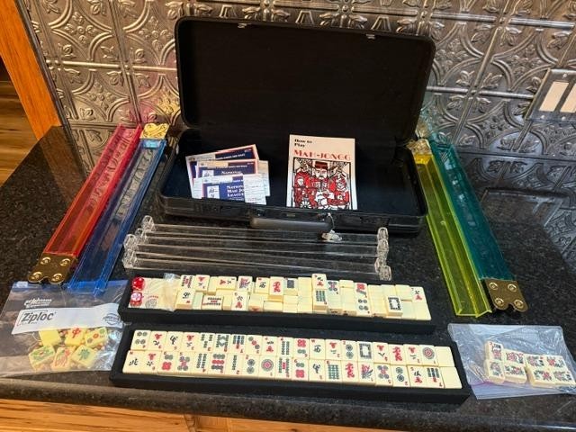 American Mah Jongg- 166 tiles, 6 replacements, acrylic racks, hard burgundy case
