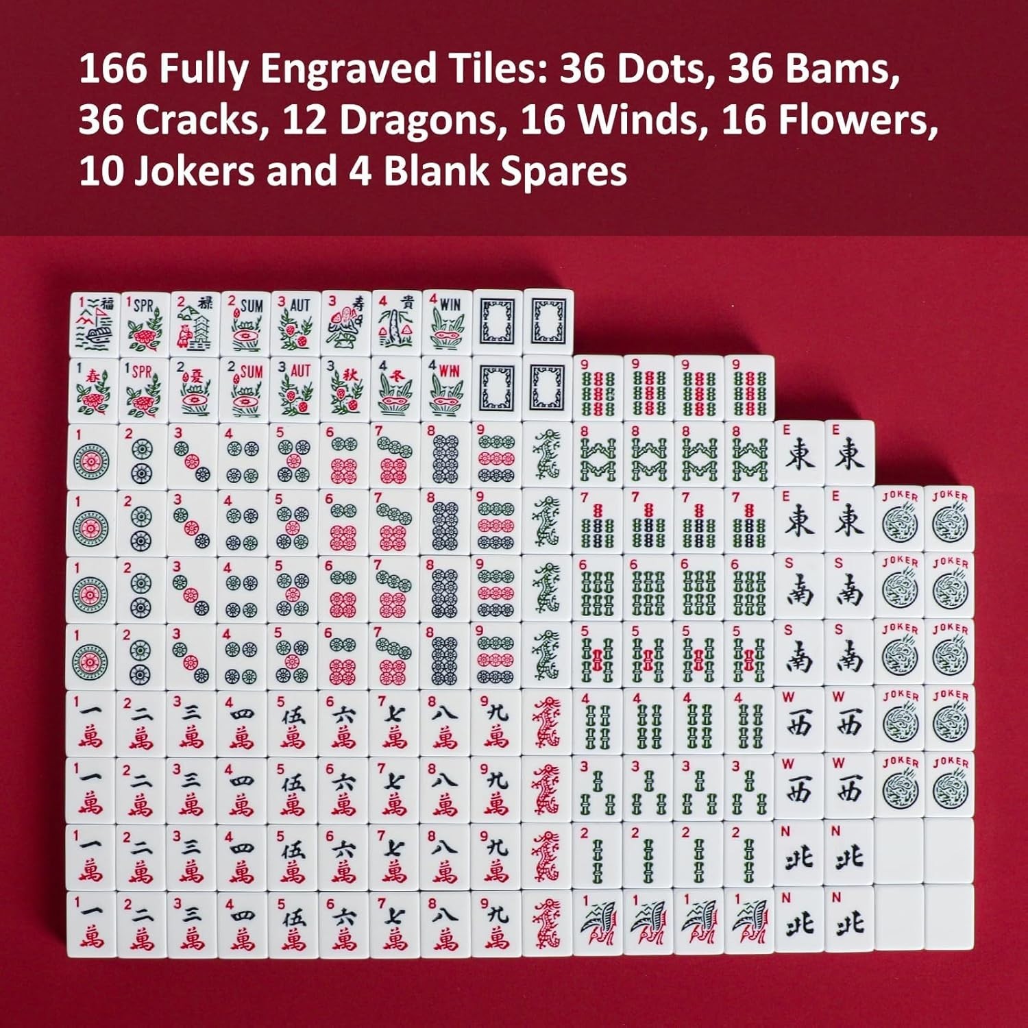 American Mahjong Set, Mahjong Game Set, 166 Tiles with Blue and Red Bag, 4 All-i