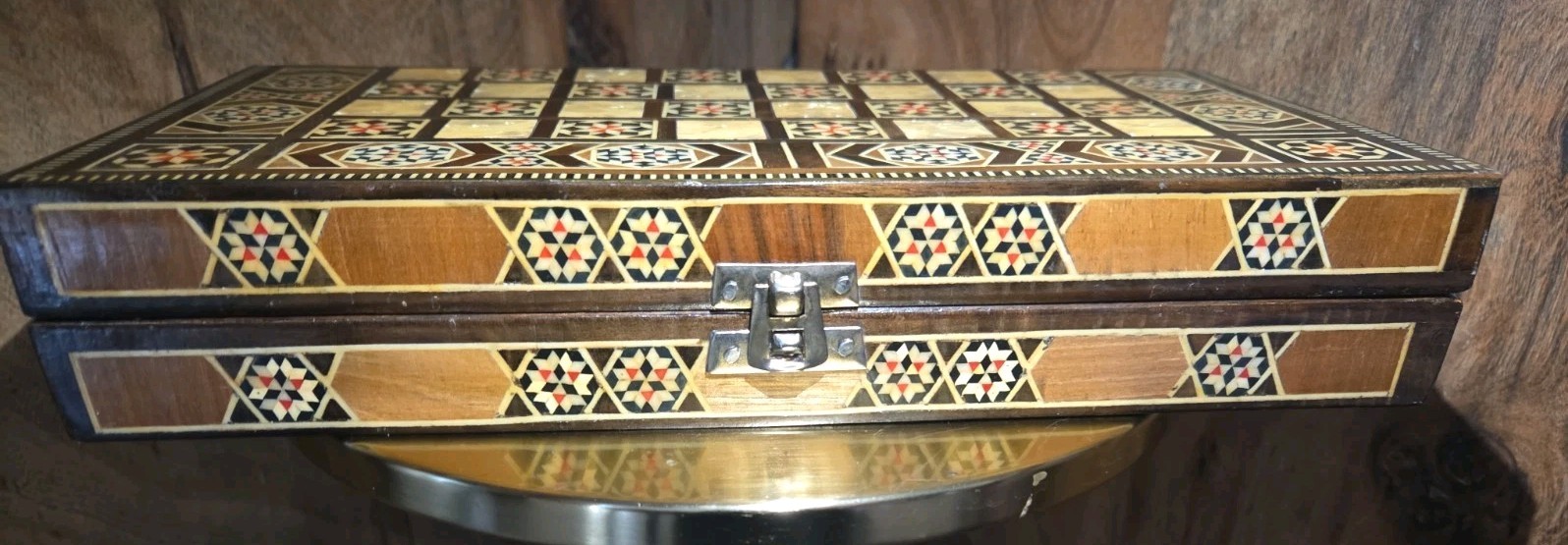 Vintage Mosaic Inlay Chess Backgammon Set Handcrafted Wood Marquetry Game Box