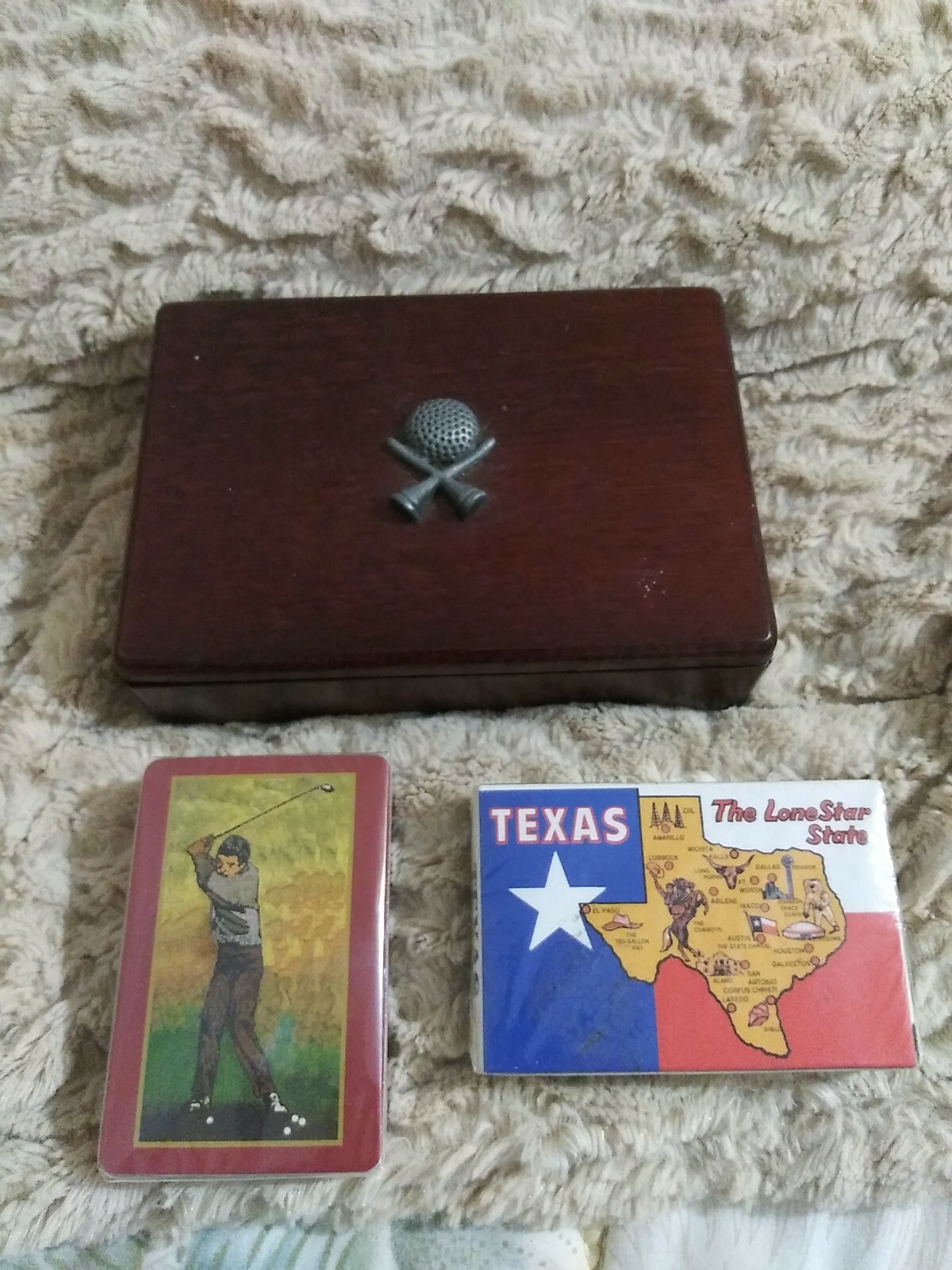 Vtge Wood Playing Card Storage Box & 2 Decks/Sealed Cards (Golf & Texas)