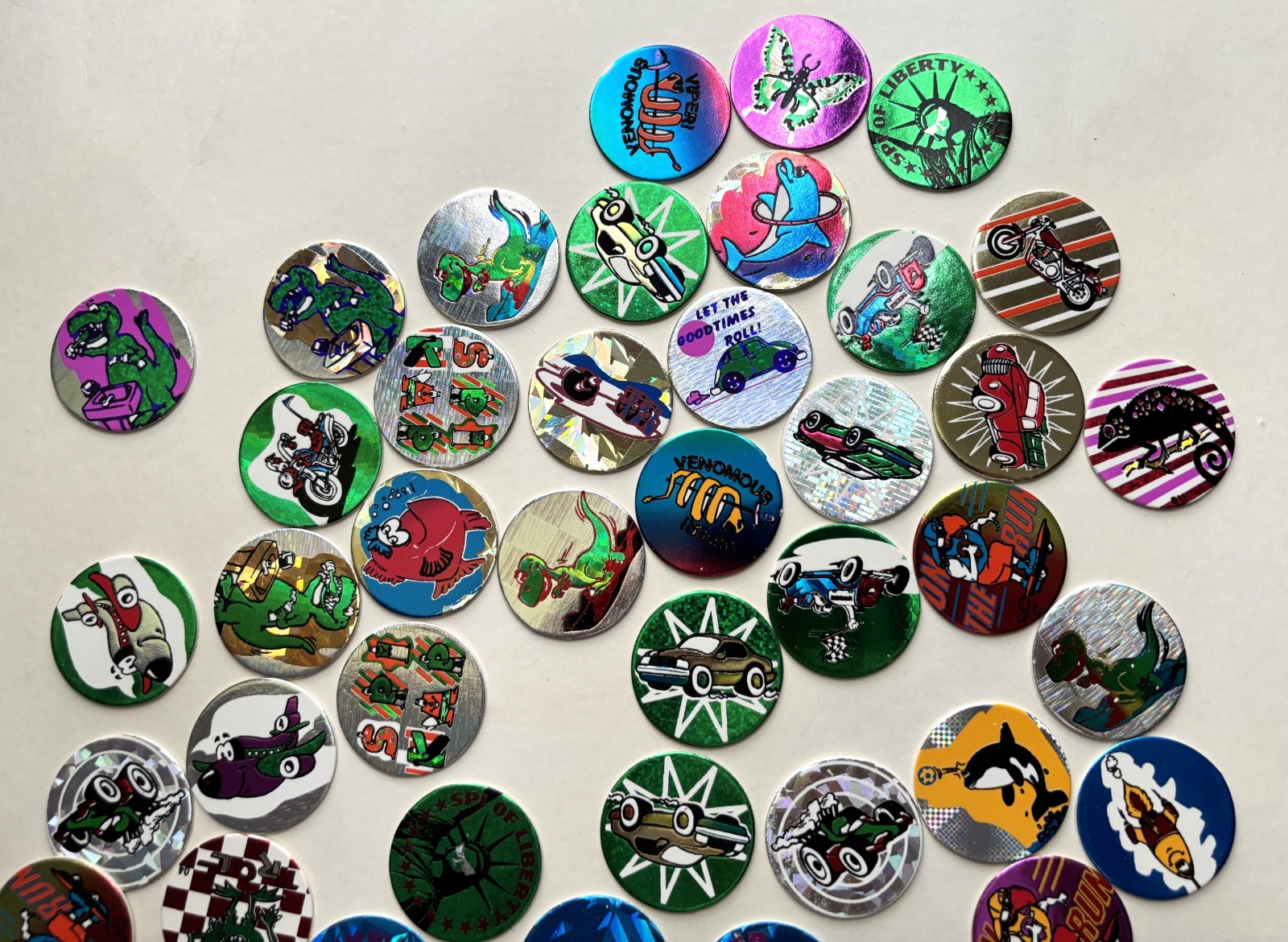 145 POGS MILK CAPS COFFIN CONTAINER FOIL CARS ANIMALS Random Lot VINTAGE 90s