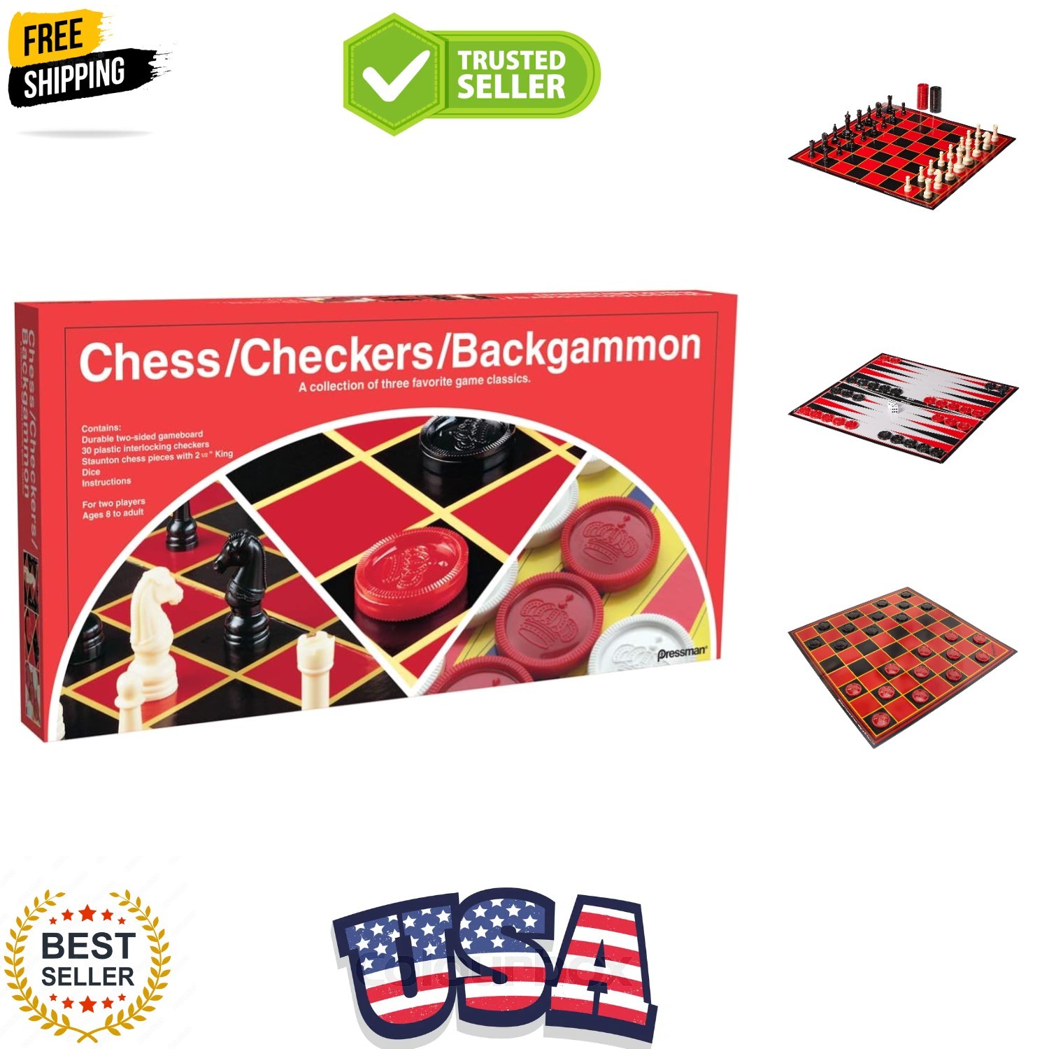 Chess / Checkers / Backgammon – 3 Games in One with Full Size Staunton Chess …