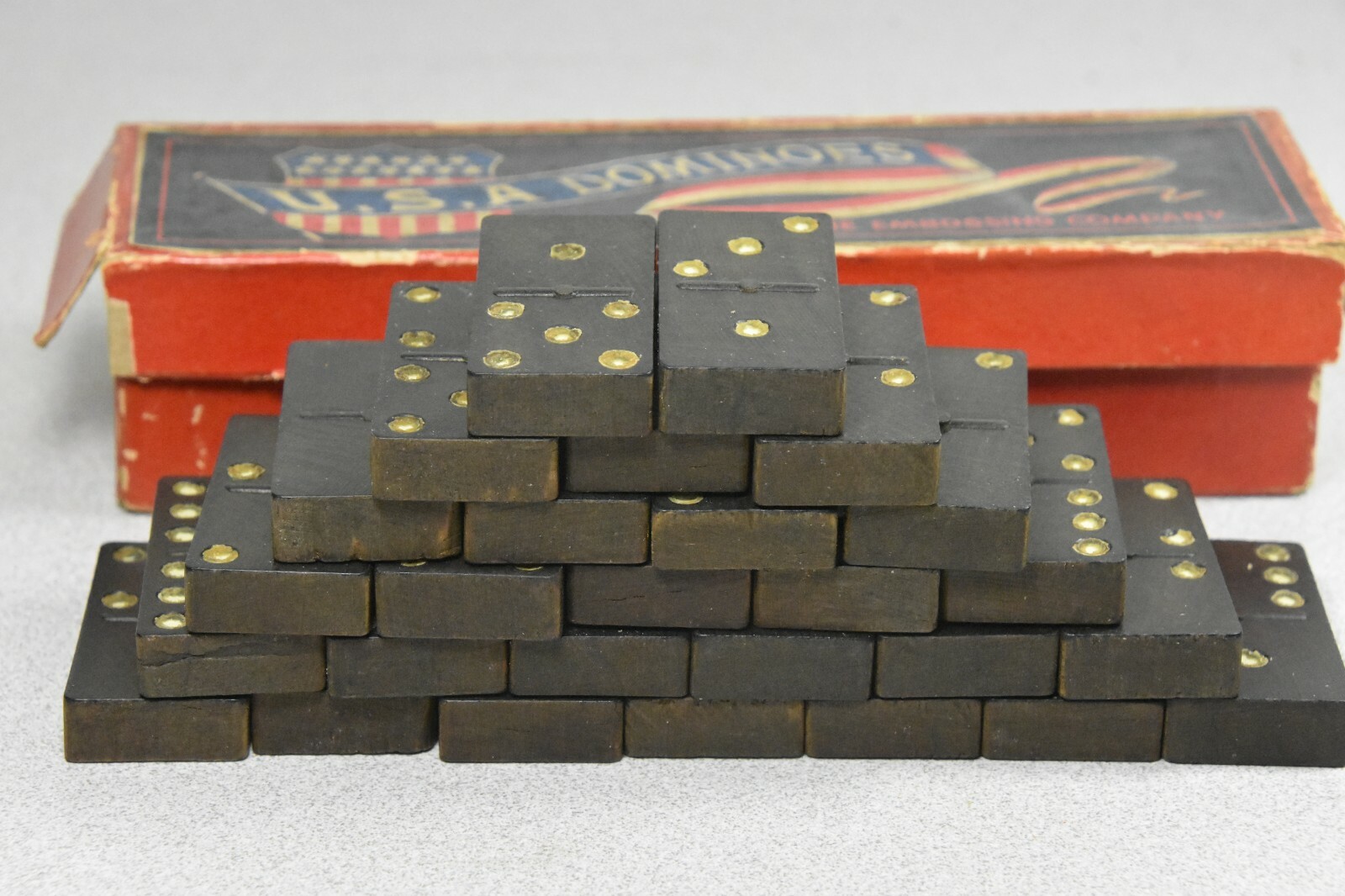 Vintage Patriotic USA Flag Embossed Dominos Game in Original Box – Incomplete 20