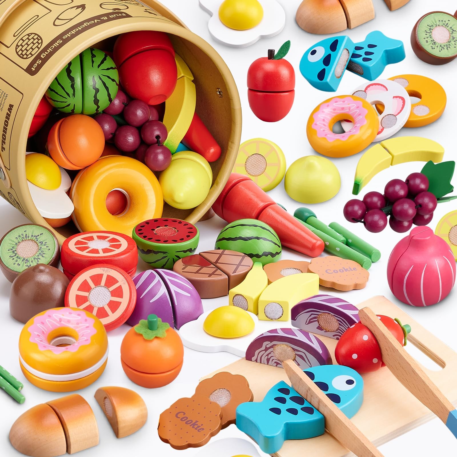 Wooden Play Food Set 45 Pcs Kids Kitchen Fruits Veggies Montessori Toy 3-6 Gift