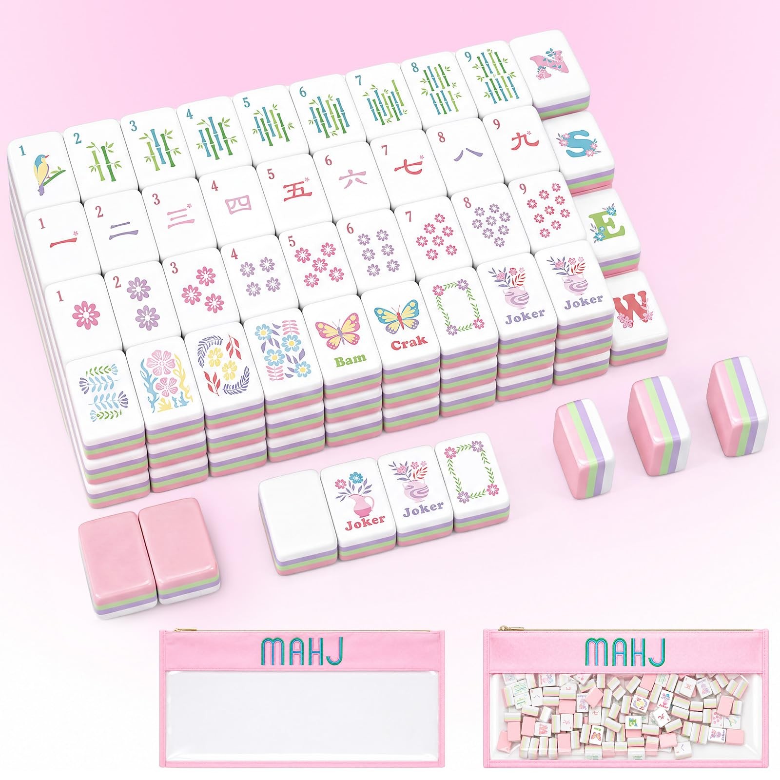 Arrowbash 160 Pcs Mini Mahjong Tiles Set 1 Inch Tiles Pink Flowers American M…