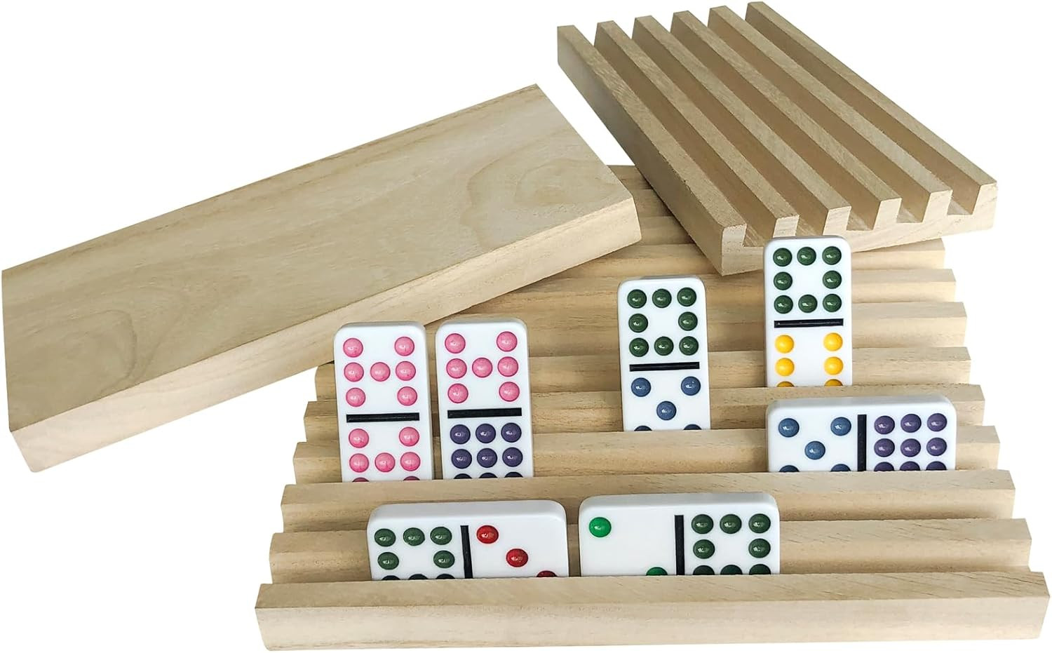 Domino Holder Trays Rack – Set of 4 Wooden Tiles Stand Holders for Mexican Train