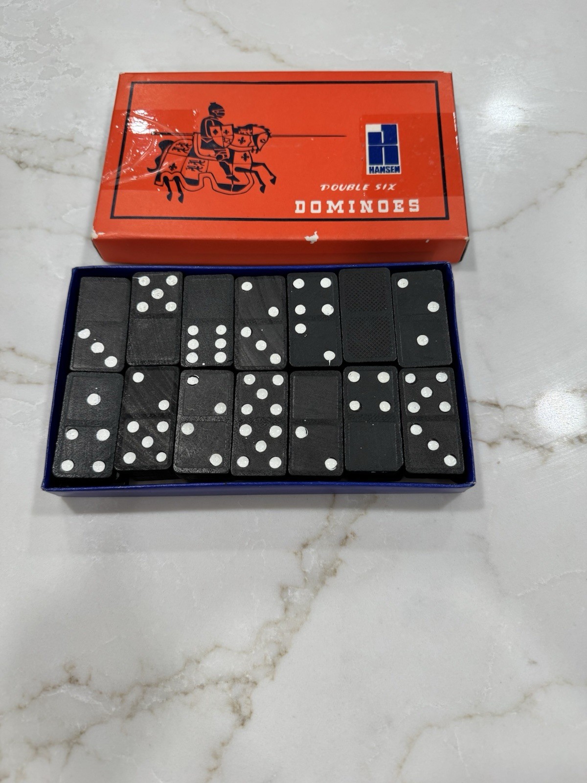 Vintage Hansen Double Six Dominoes Complete 28 Black Tiles HONG KONG No. T 7514