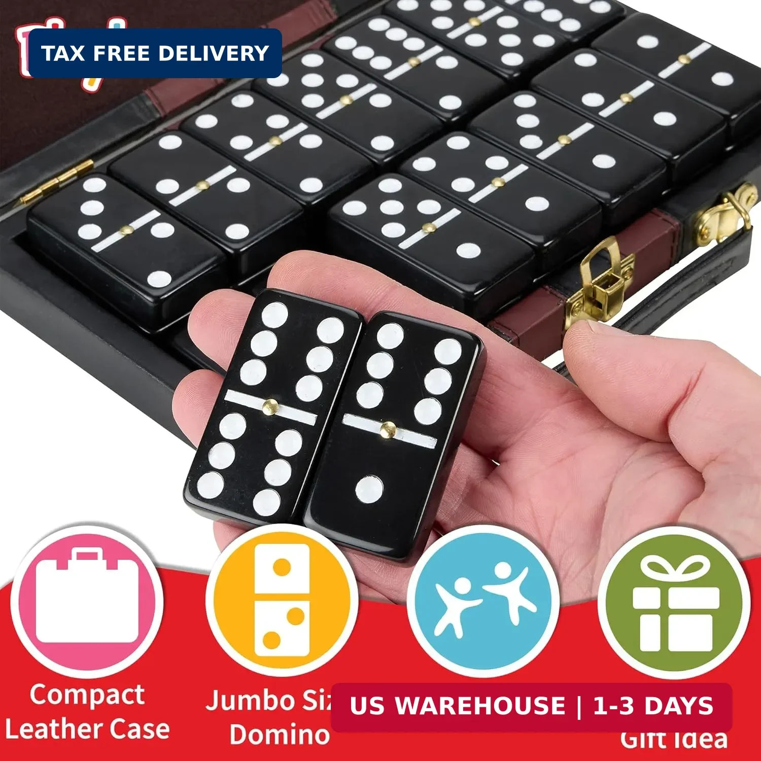 Jumbo Double Six Dominoes Set – 28 Black Classic Tiles in Faux Leather Case