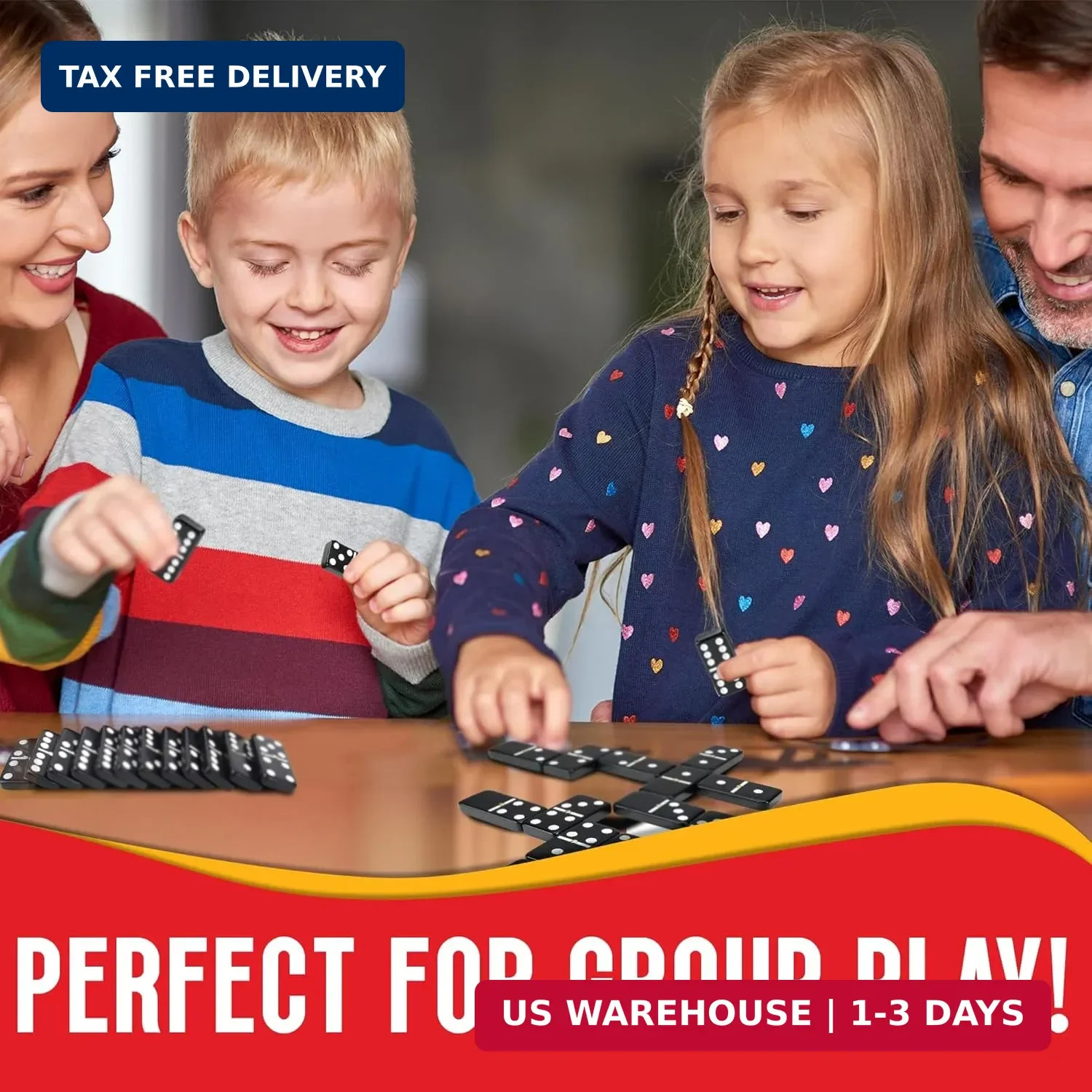 Jumbo Double Six Dominoes Set – 28 Black Classic Tiles in Faux Leather Case