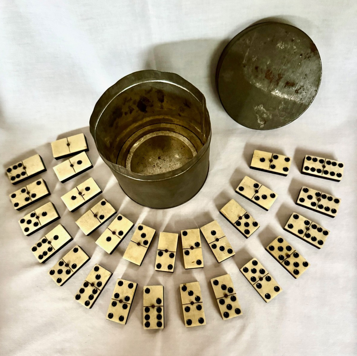 (27) Antique Handmade Bone and Ebony Dominoes Metal Rivet w/ Antique Metal Tin