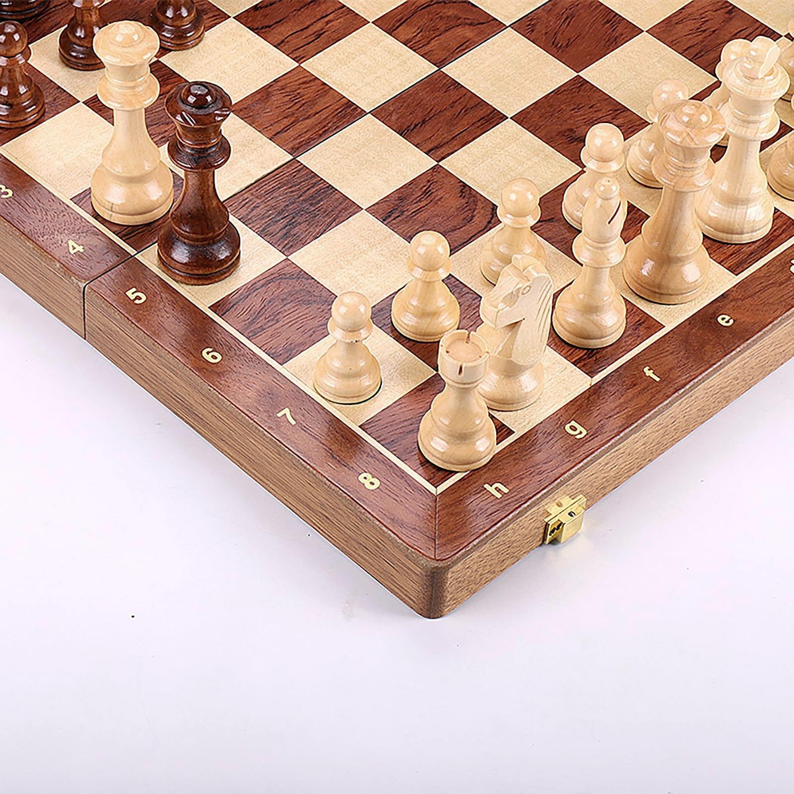 15″ Folding Walnut Chess Set Board W/ Storage Portable Travel Game 2 Queens