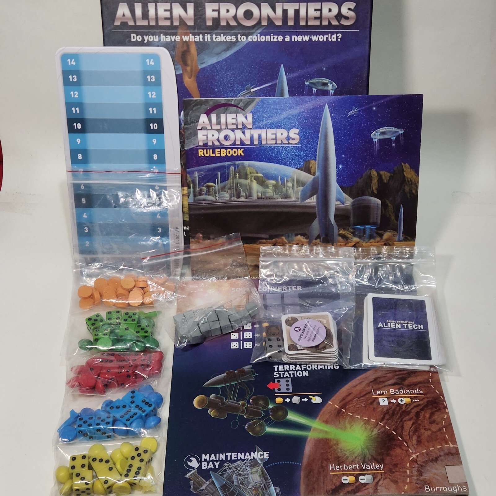 Alien Frontiers with Mind Control Helmet Card and 4 Rocket Tokens Complete 2011