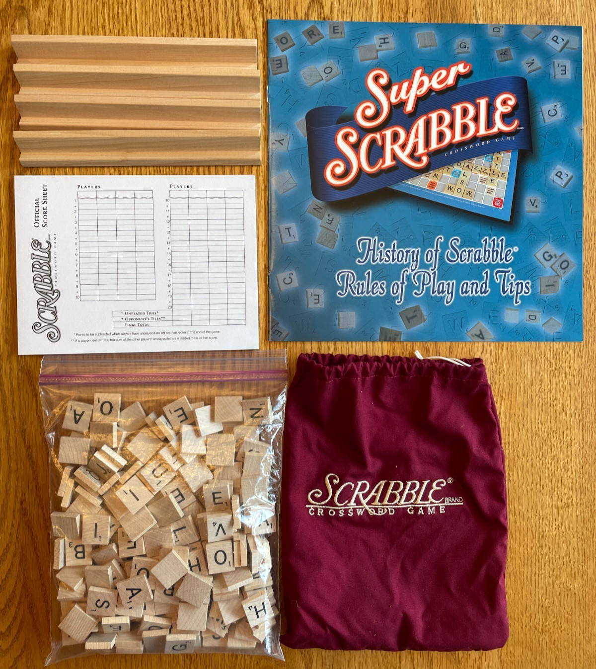 SUPER SCRABBLE Game w/ Bigger Board & 200 Wood Tiles – 100% COMPLETE
