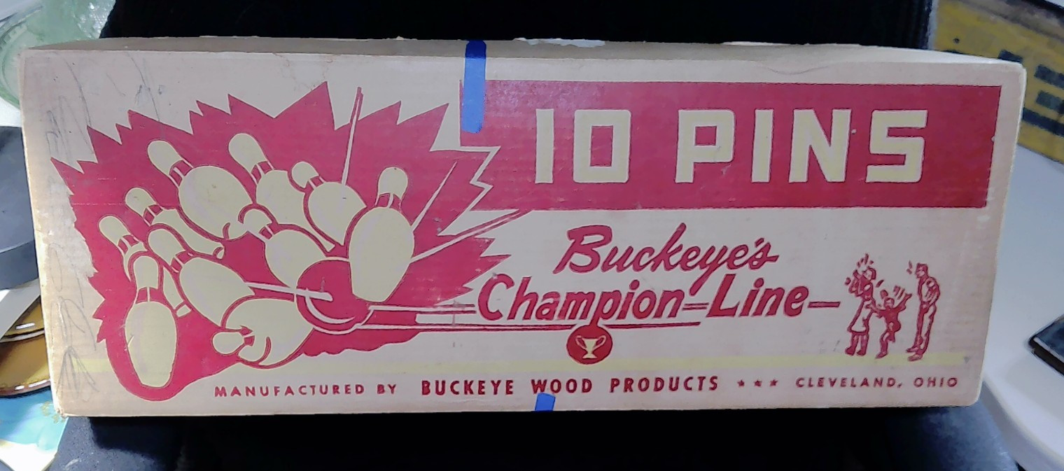 Buckeye’s Champion Line Bowling Game Wooden Pins & 2 Balls 1950’s VTG