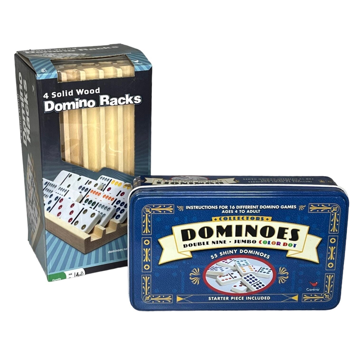 VTG Set 55pc Double Nine JUMBO Color Dot DOMINOES + 4 Wooden DOMINOE RACKS New