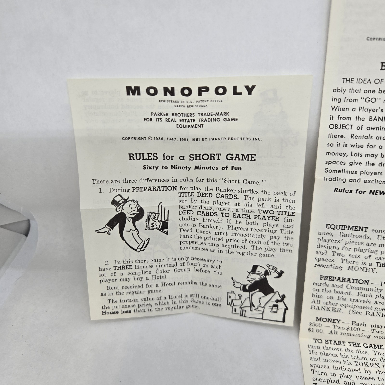 Set of 2 Vintage Monopoly Replacement Instruction Manuals ©1961 Long & Short