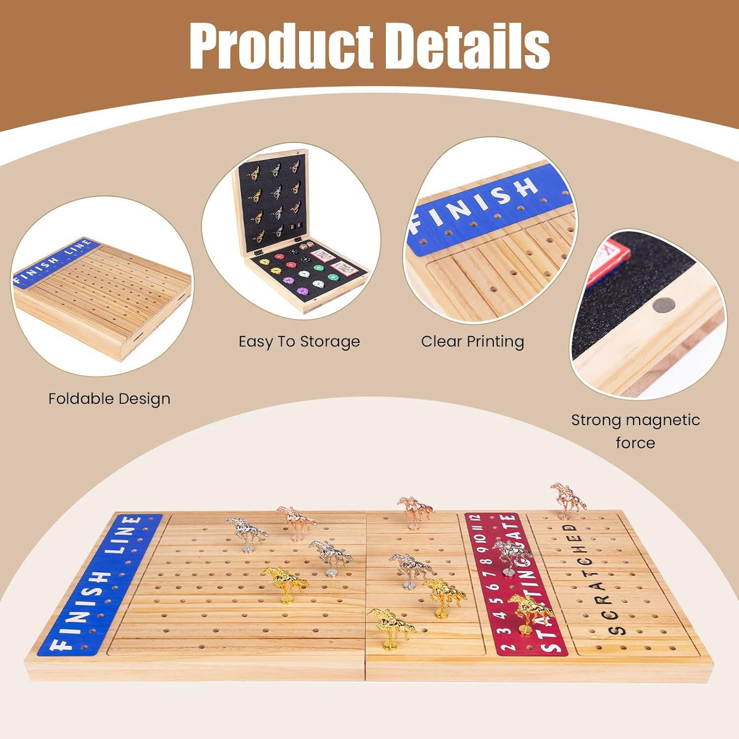 Extra Large 28 Inches Foldable Horse Race Board Game for Adults,Thickened Wood C