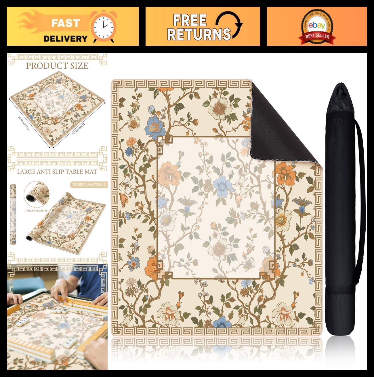 Chinoiserie Mahjong Mat 31.5″ x 31.5″ – Beige & White Anti-Slip Game Table Cover