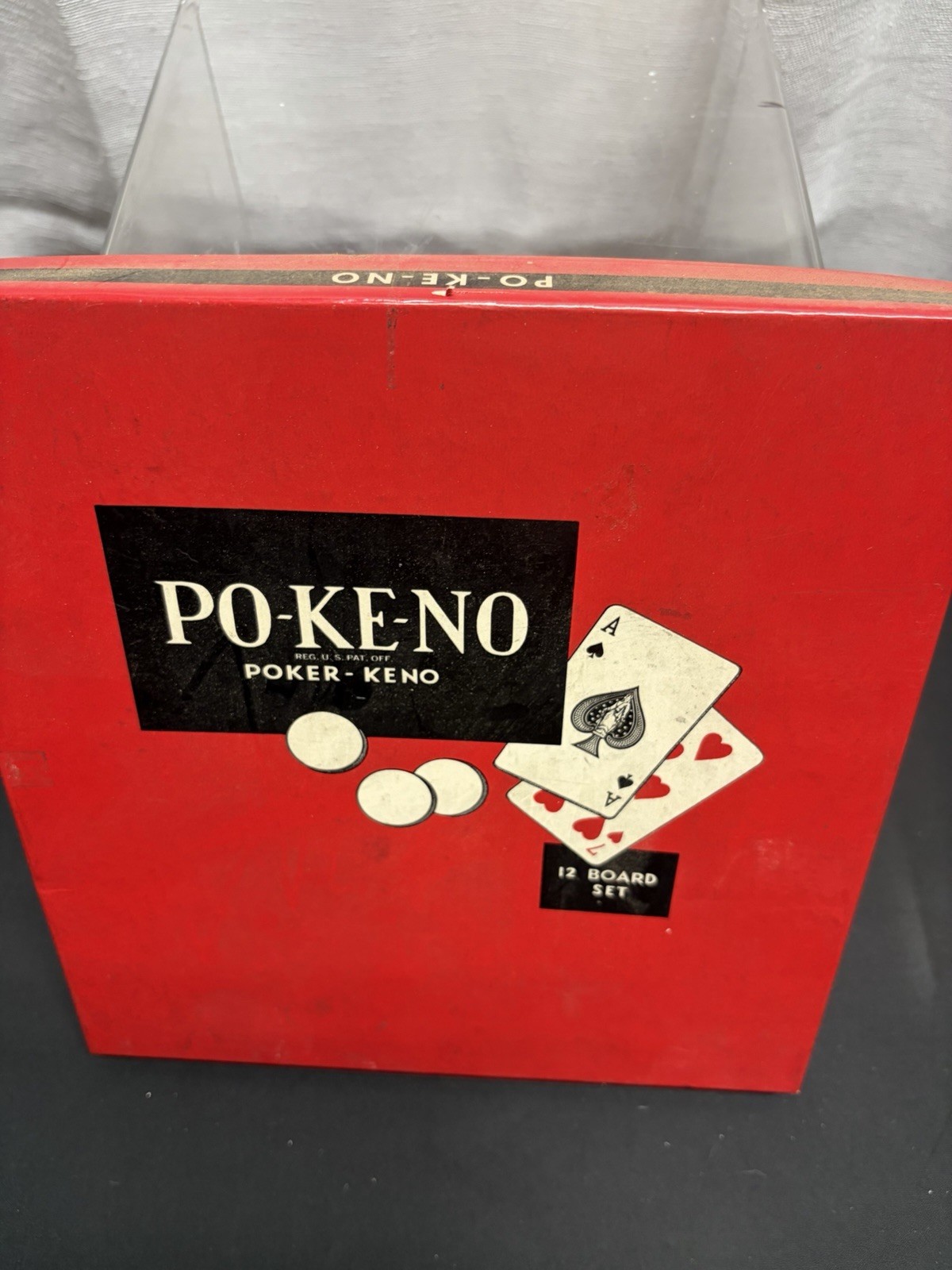US Playing Card Co Po-Ke-No Poker-Keno Vintage Board Game 12 Board Set Red Chips