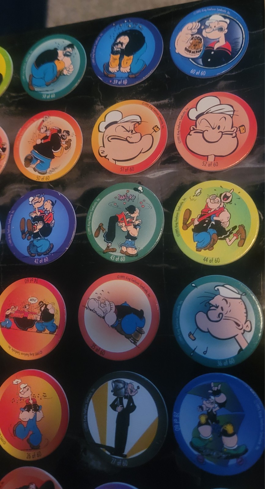 1995 Popeye POGs Complete Set (1–60) + Hot Pink Tube Vintage 90s Milk Cap Game