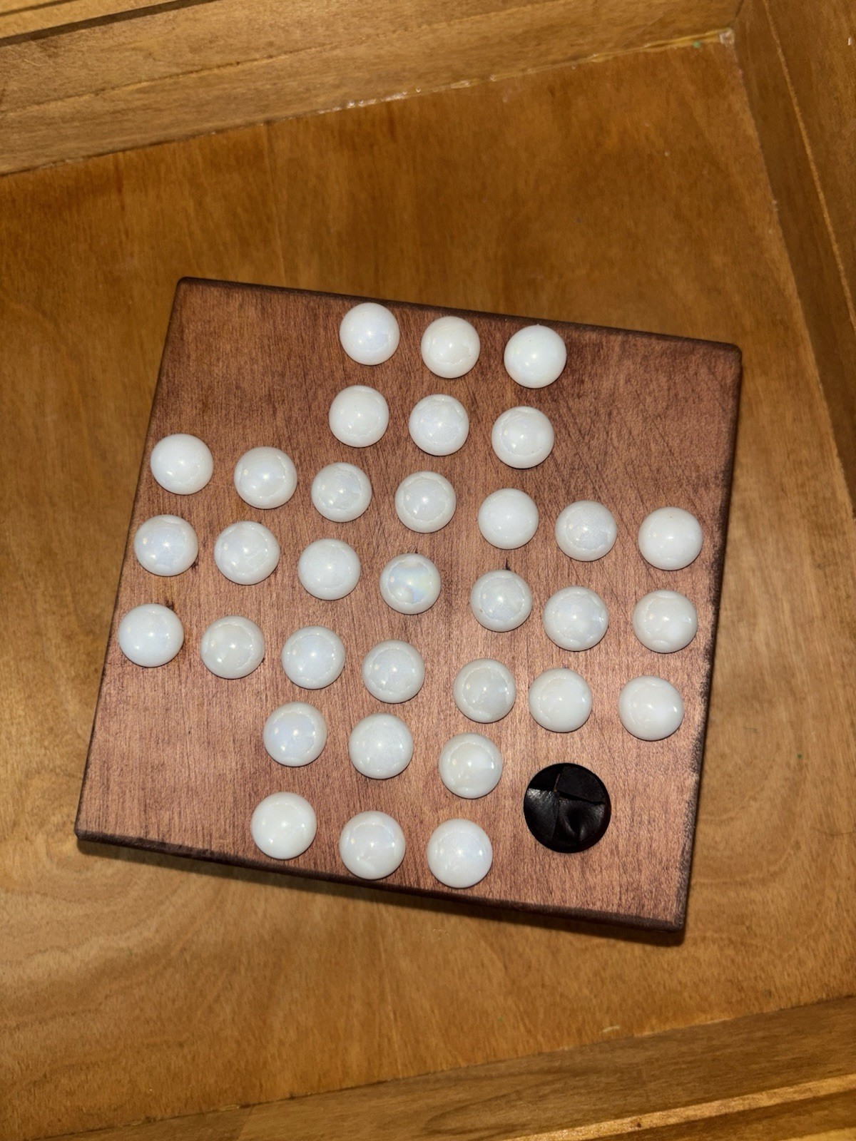 Vintage Handmade Marble Solitaire Game Solid Wood Board White Glass Marbles