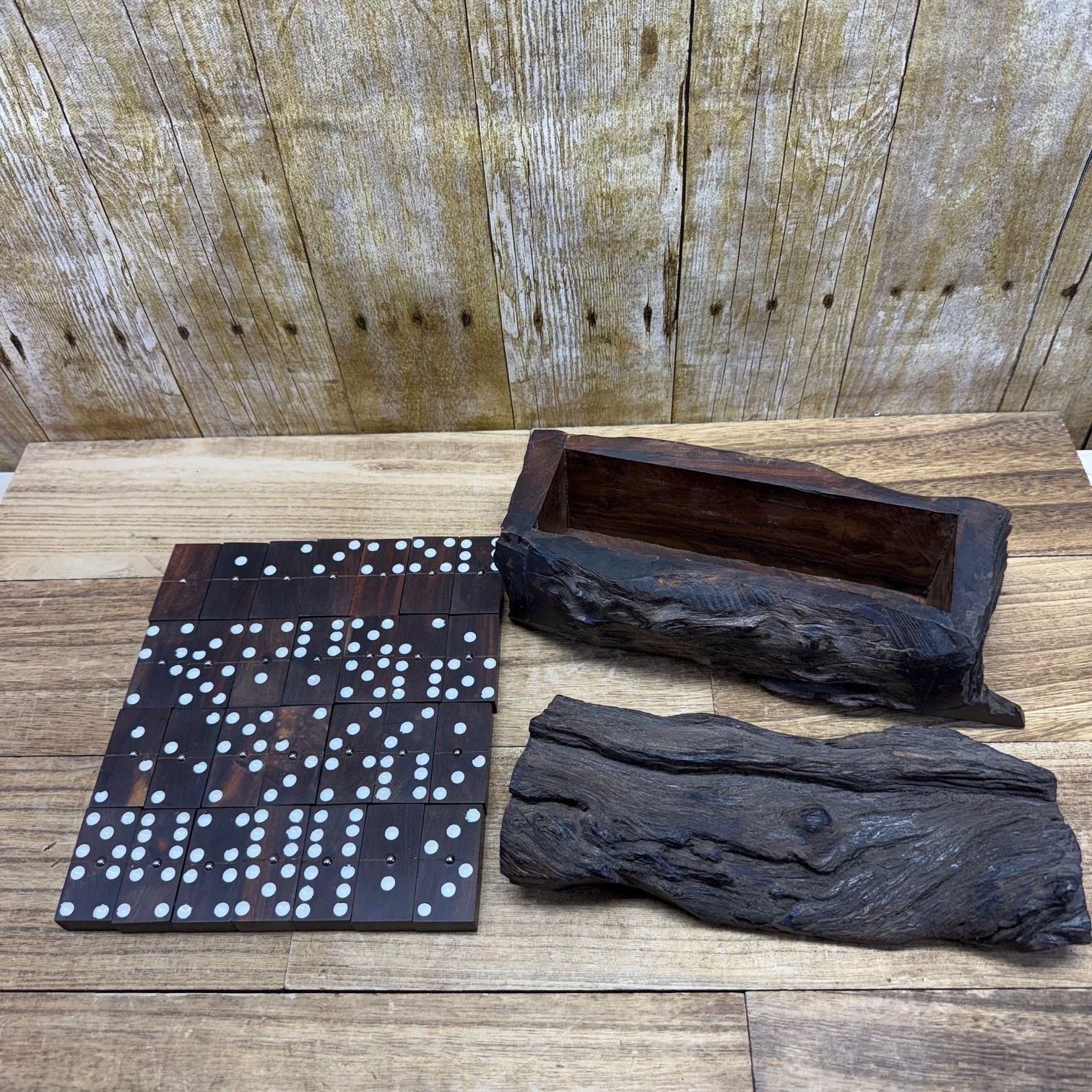 VTG Wood Hand Made Ironwood Dominos Set of 28 Tiles Rustic Log Case Complete