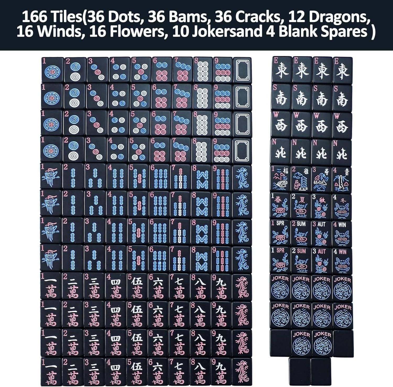 Black Mahjong Tiles Set 1.2 Inch, 166 Pieces, Classic, Portable for Adults