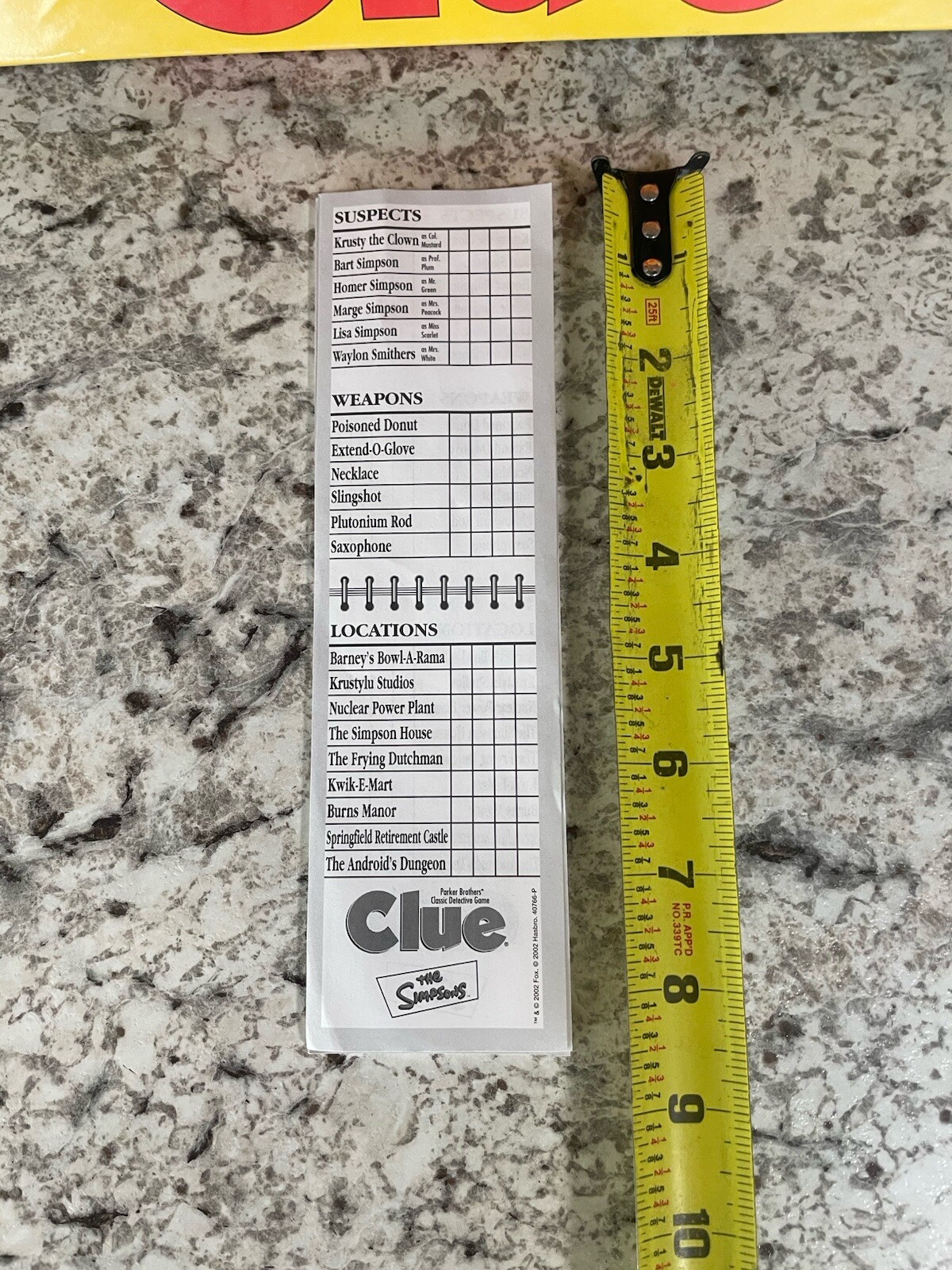The Simpsons Clue Notepad Writing Pad 2002 Replacement Pieces Score