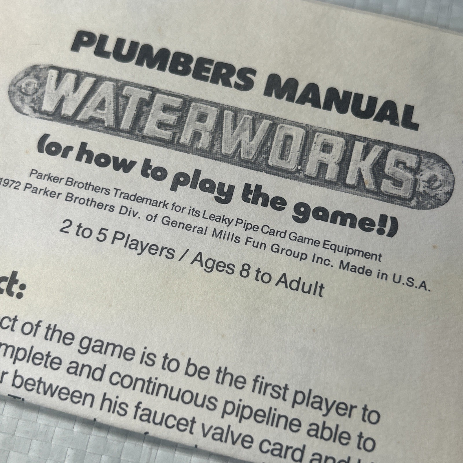 Waterworks Instruction Manual Parker Brothers Original Rules