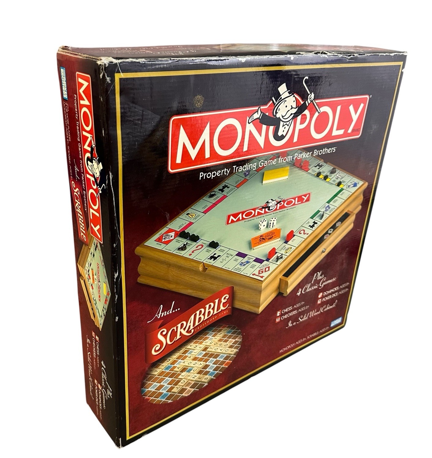 Monopoly Scrabble and 4 Classic Games Solid Wood Cabinet 2007 Parker Brothers