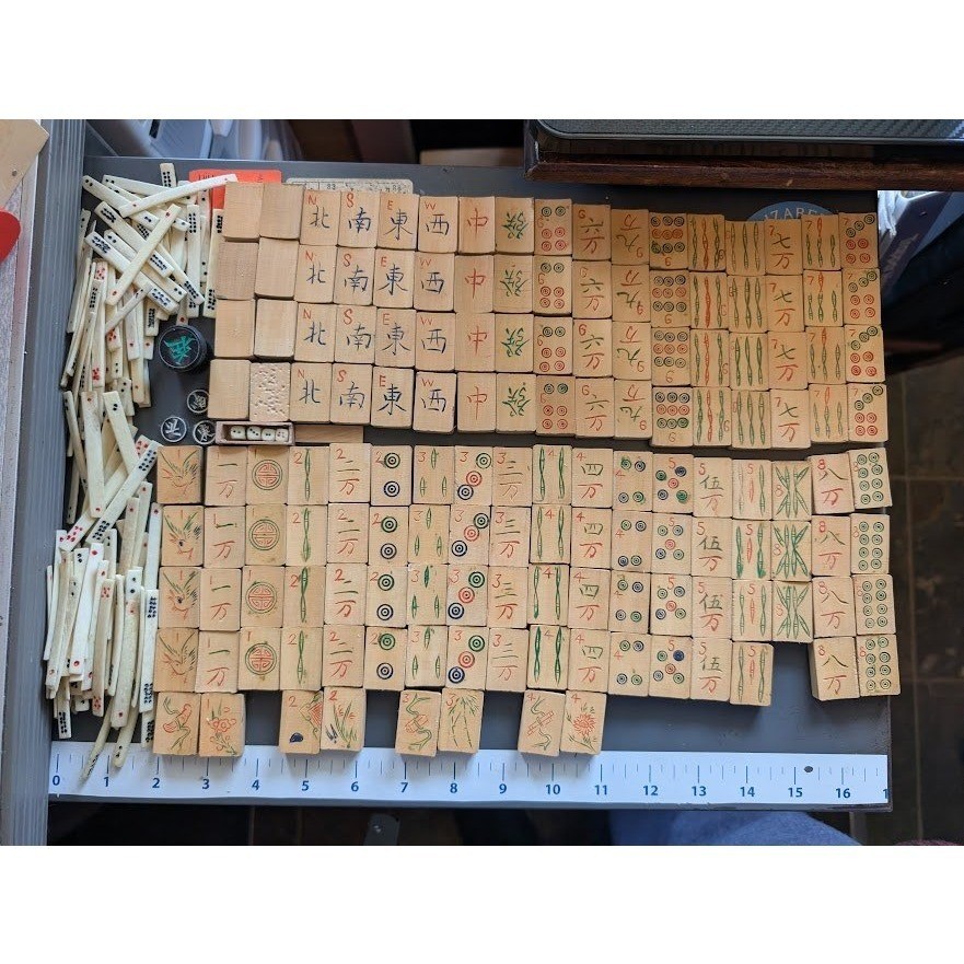 Antique 20s Admiral Mahjong Set Bone Bamboo Tiles Sticks Tin Box Hand Carved