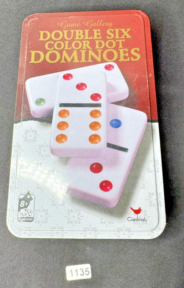 Cardinal Double Six Domino Set 28 Black Tiles Color Dots Tin Storage Case NEW