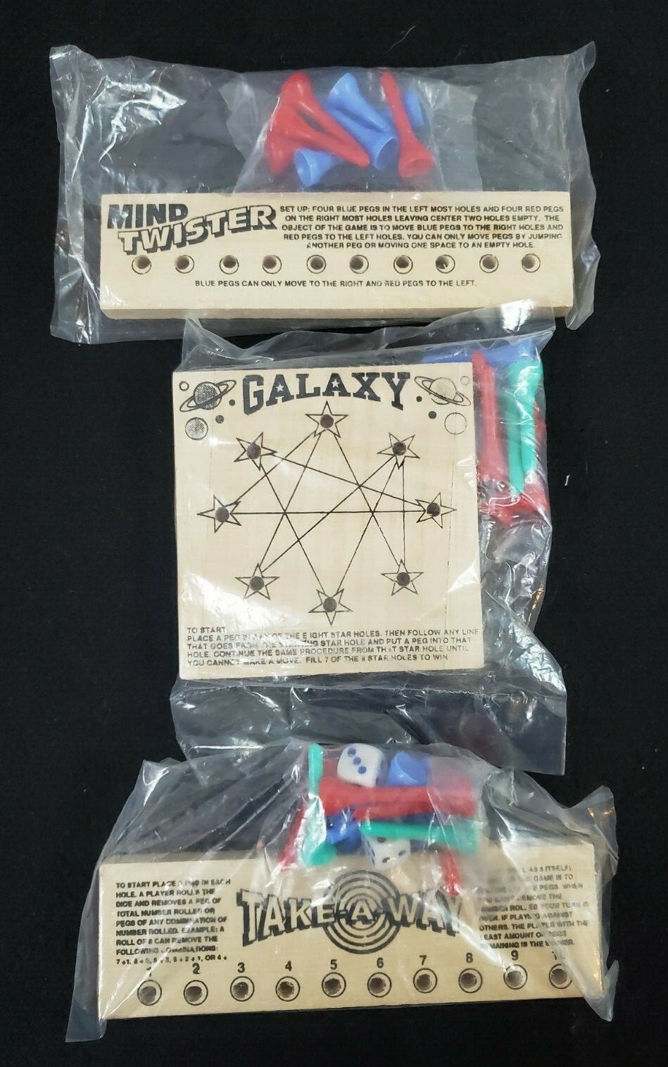 Lot of 3 Wooden Travel Peg Games Galaxy IQ Mind Twister Take-A-Way NEW!