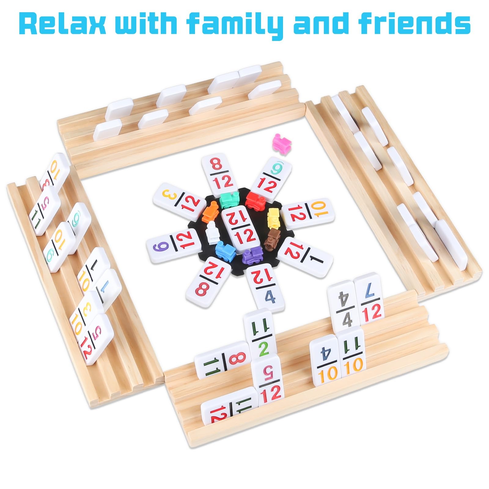 4pc Wooden Domino Trays, Mexican Train Domino Racks Set, Double 12 Tiles Domi