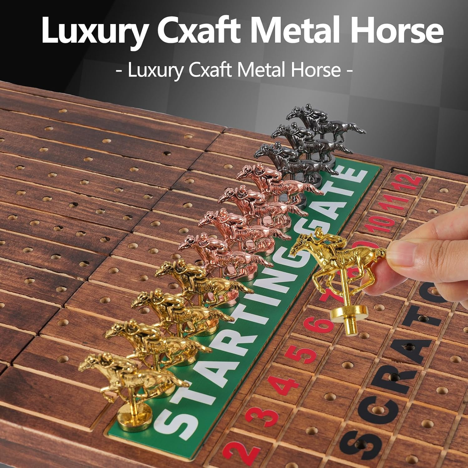 Wooden Finish Line Horse Racing Board Game Equipped with 11 Luxury Metal Craft H