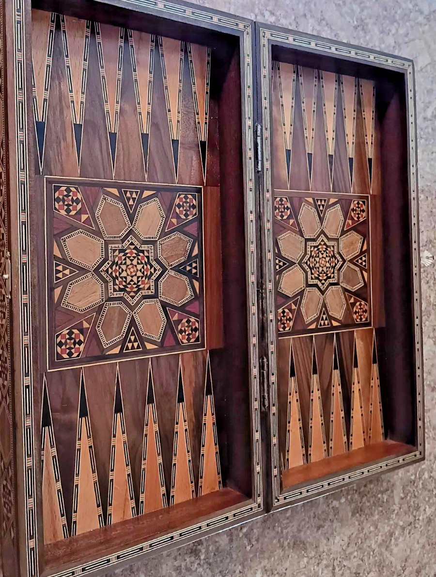 Wood Backgammon Game Box Vintage Inlaid Wood Middle Eastern Mosaic 16x8x3 inches