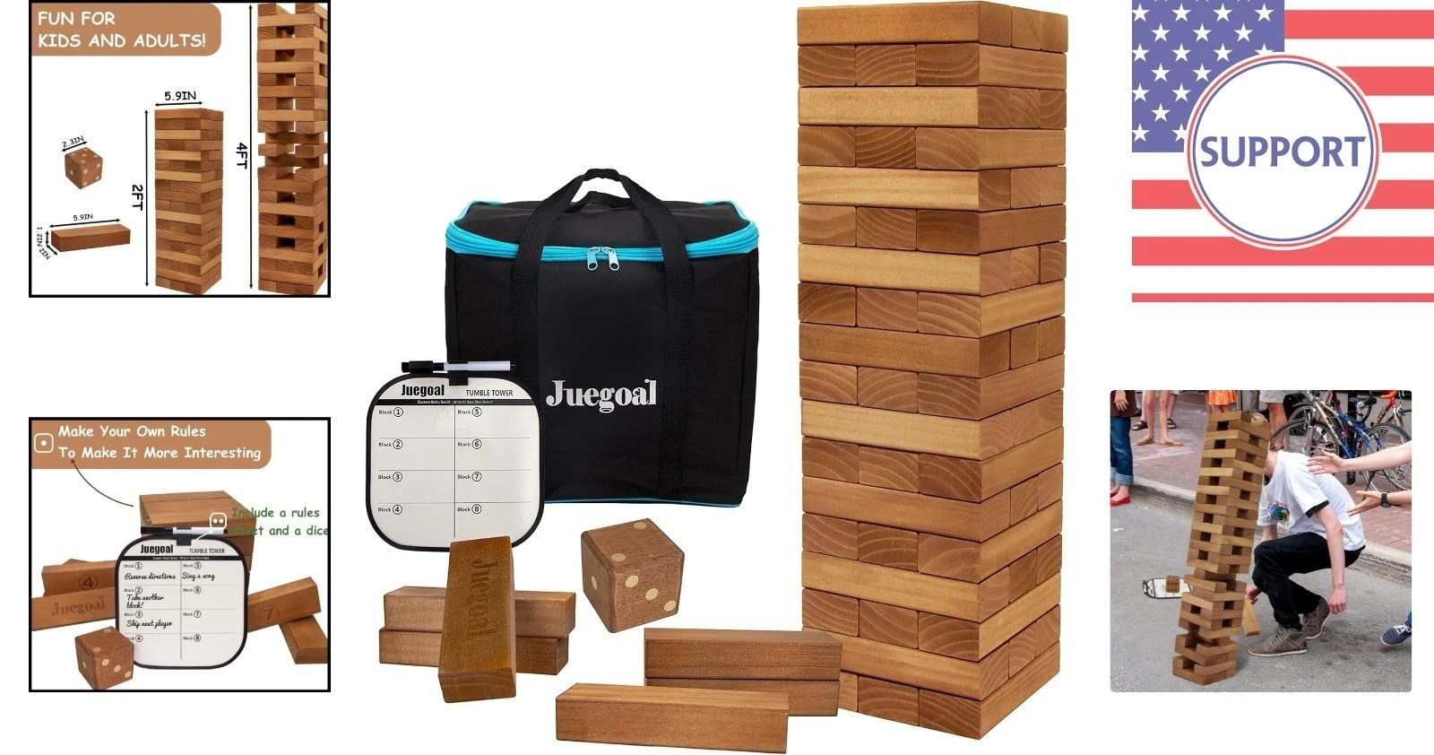 Portable 54-Piece Giant Wood Stacking Game with Canvas Bag for Endless Fun