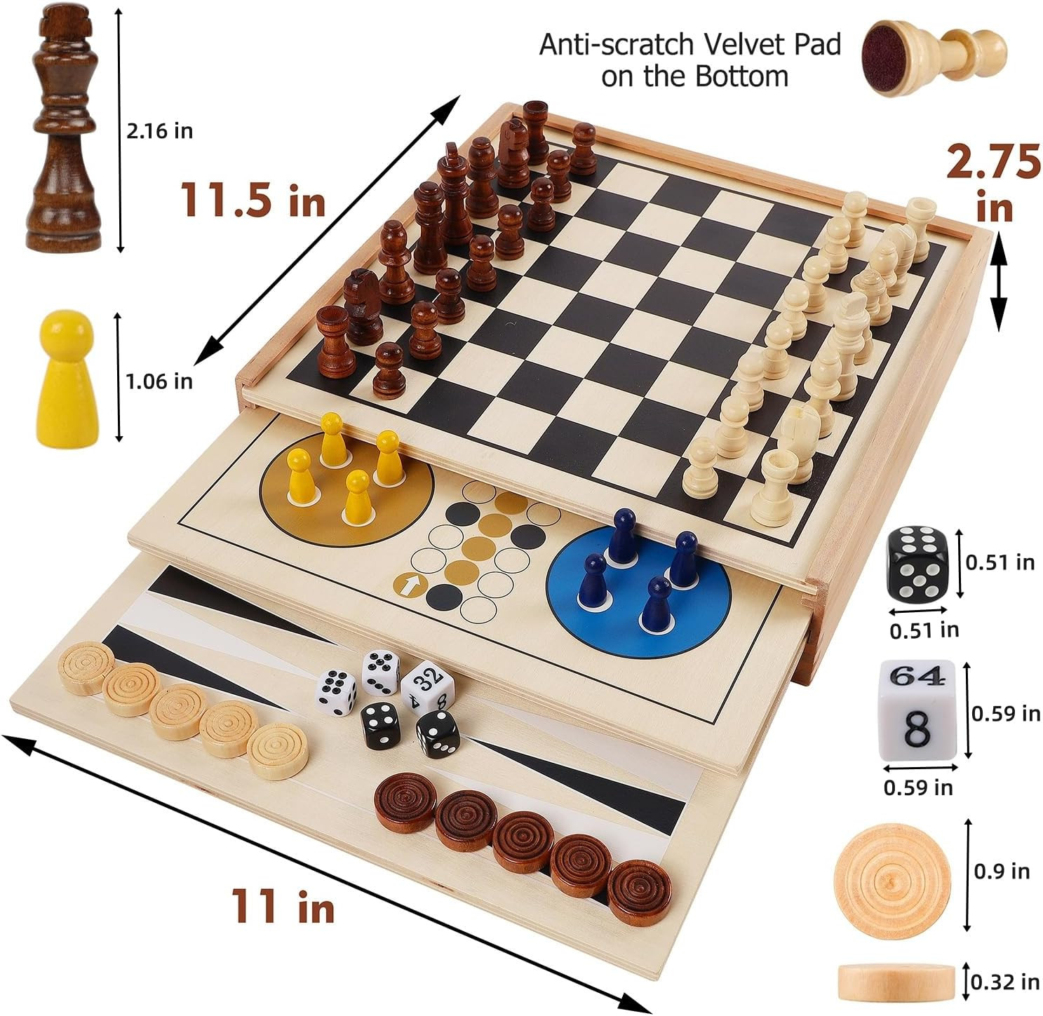 7-In-1 Wooden Board Game Set for Kids Adults, Tabletop Combo Classic Travel Port